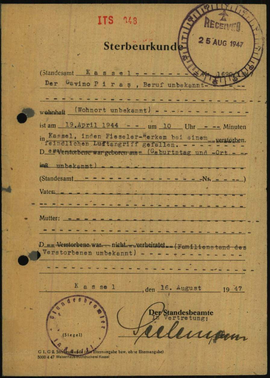 Certificato di morte stilato nel 1947
