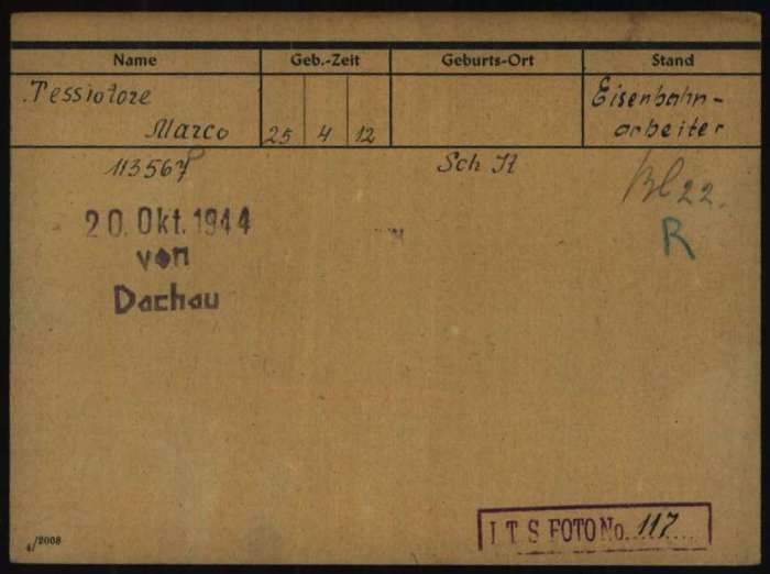 Documento di registrazione di Marco tessitore a Dachau